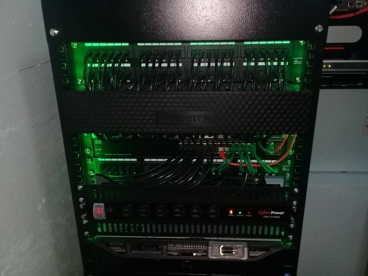 Completed network rack with illuminated patching and equipment