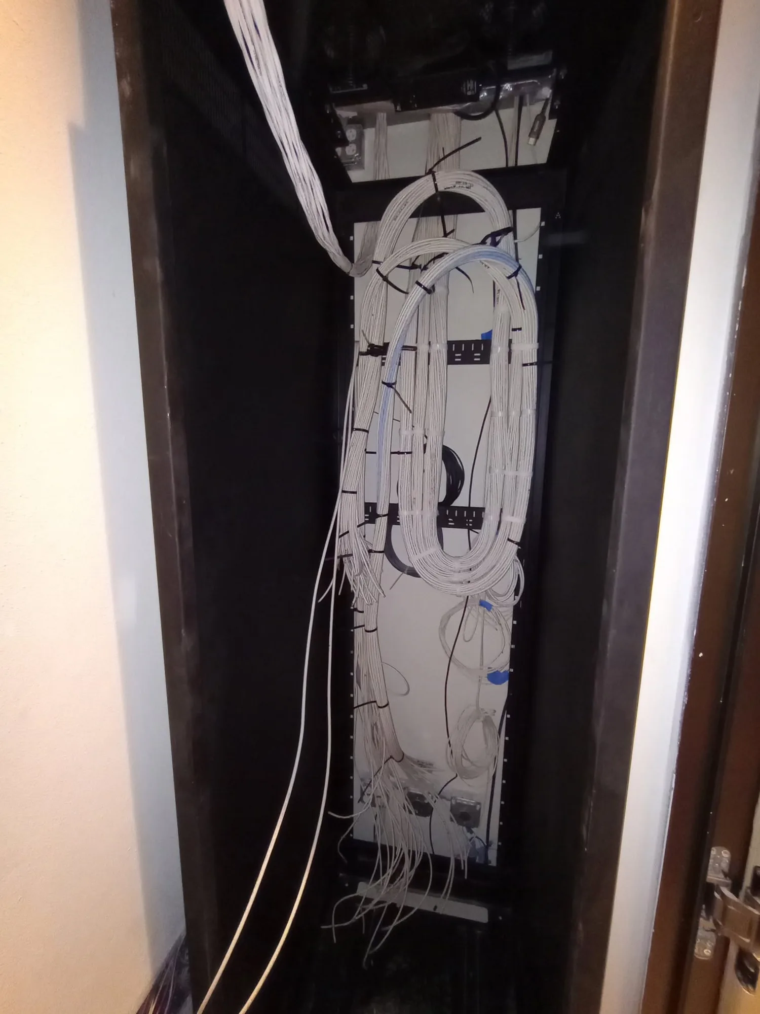 Blue and white structured cables routed cleanly to a patch panel and equipment rack