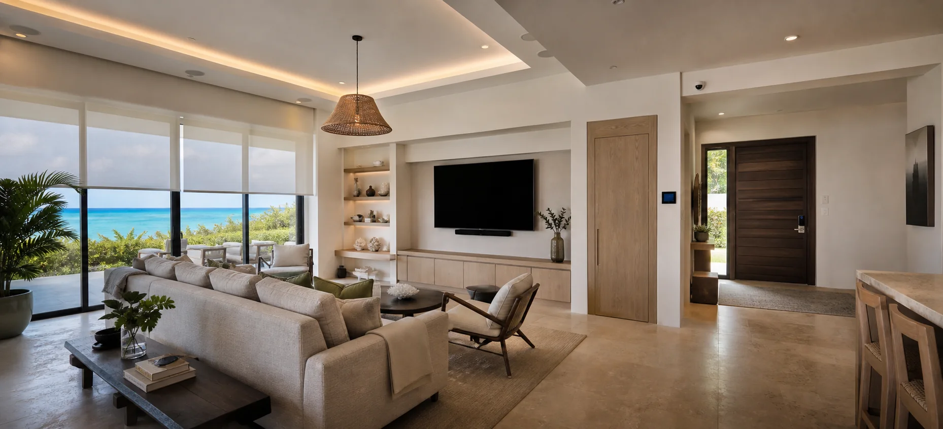 Panoramic living room demonstrating coordinated lighting, entertainment, climate, access, security, and networking