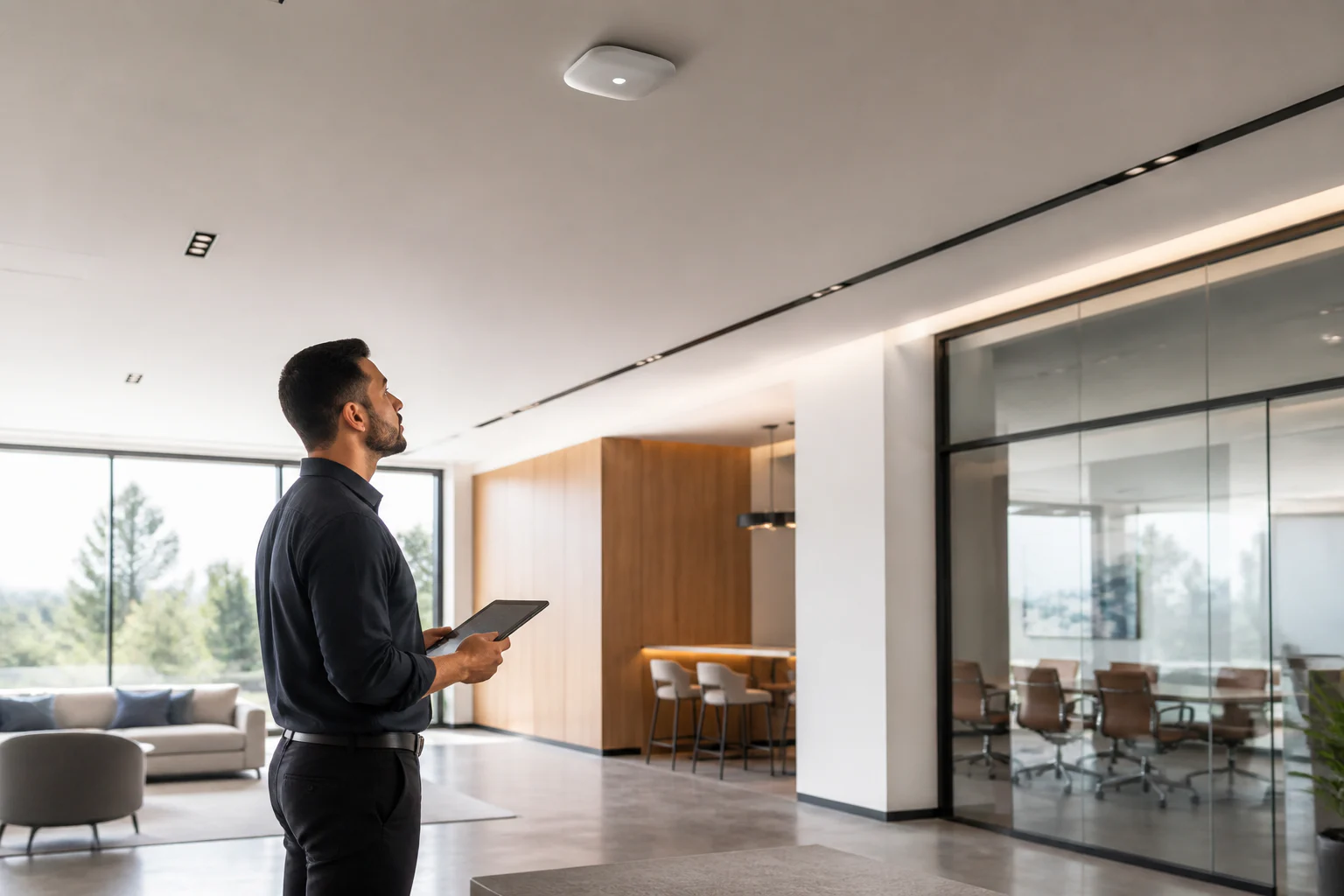 Technician using a tablet to verify wireless coverage in a finished business interior